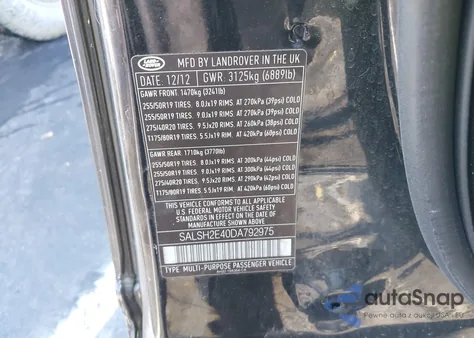 2013 Land Rover Range Rover Sport Supercharged из США, поврежденный, VIN SALSH2E40DA792975